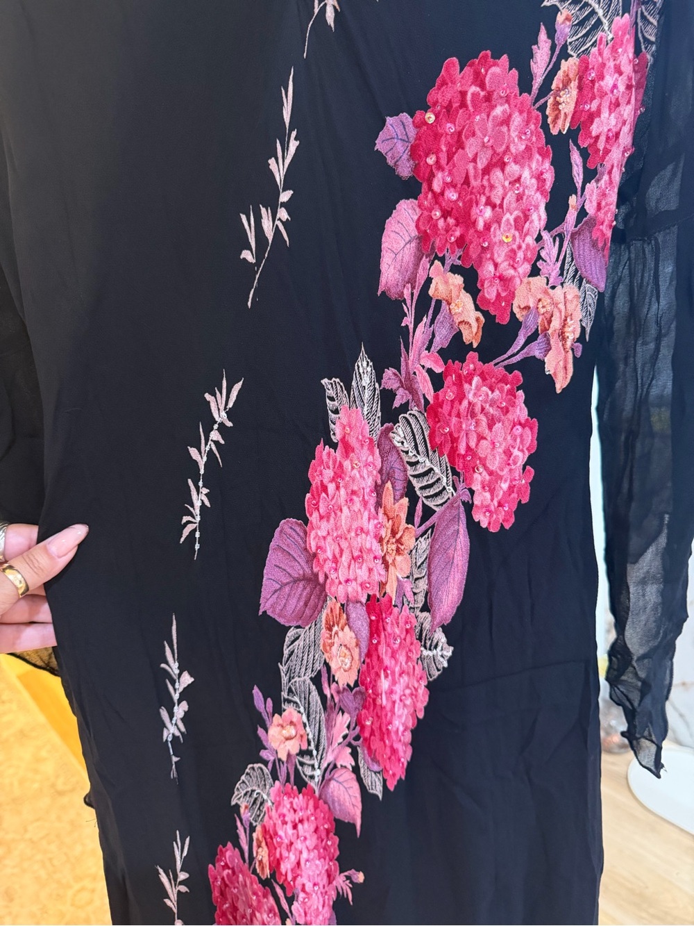 Black Floral V-Neck Maxi Dress with Pink Embroidery - Picture 3 of 3